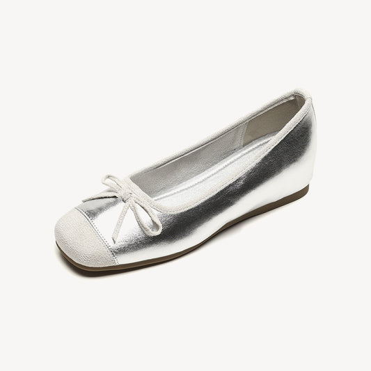 Women's Genuine Leather Retro French Sweet Bow Flats-ONEIZY