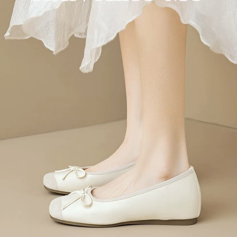 Women's Genuine Leather Retro French Sweet Bow Flats