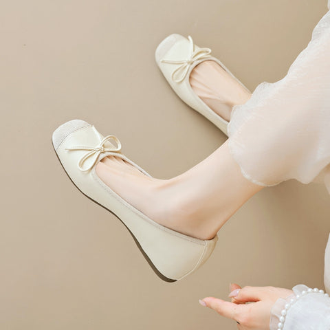 Women's Genuine Leather Retro French Sweet Bow Flats