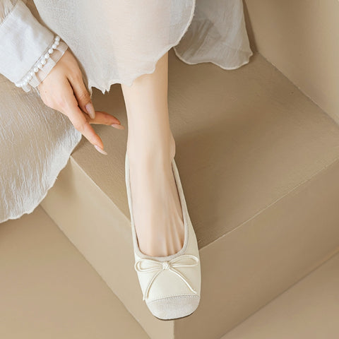 Women's Genuine Leather Retro French Sweet Bow Flats