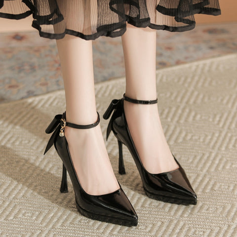 Women's Patent Leather French Style Waterproof Platform High Heels