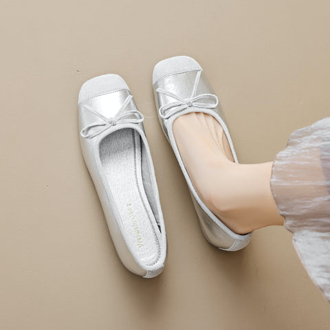 Women's Genuine Leather Retro French Sweet Bow Flats