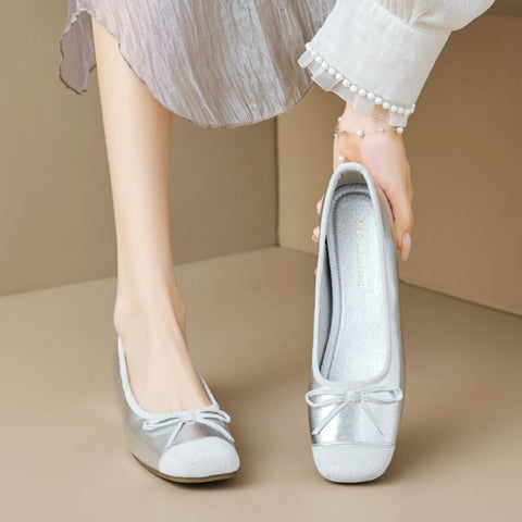 Women's Genuine Leather Retro French Sweet Bow Flats