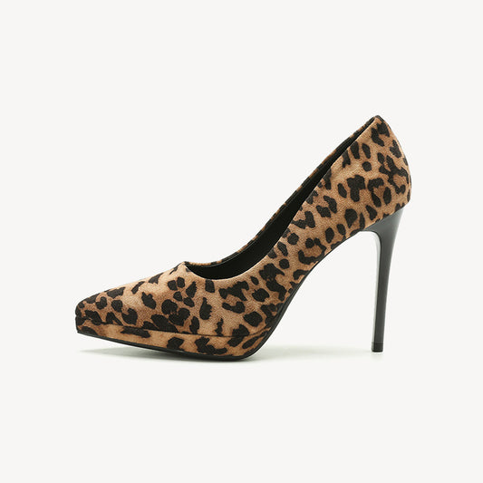 Women's Suede Sexy Temperament Waterproof Platform Leopard Print High Heels